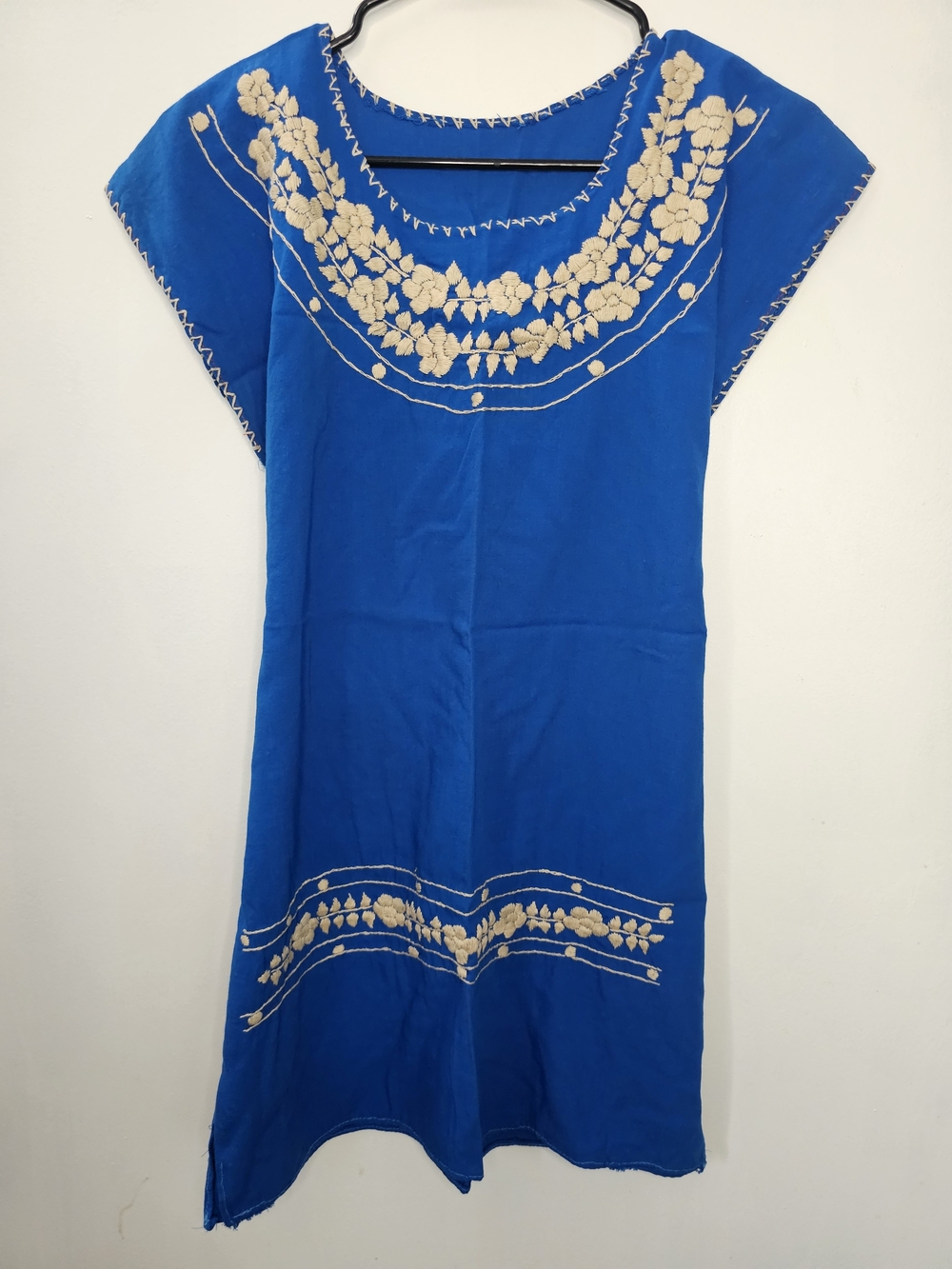 Royal Blue Mexican Embroidered Floral Dress Huipil Tunic Boho One Size